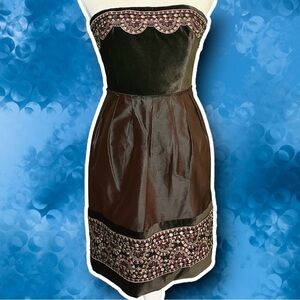 NWT Tocca Brown Embroidered Trim Velvet & Silk Strapless Mini Dress Size 2